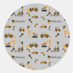 Grey Construction themed birthday party Bilingual Classic Round Sticker