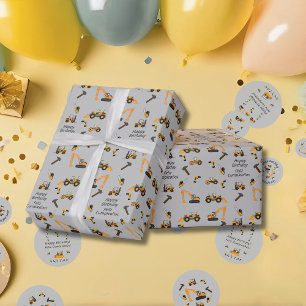Grey Construction themed birthday party Bilingual Wrapping Paper