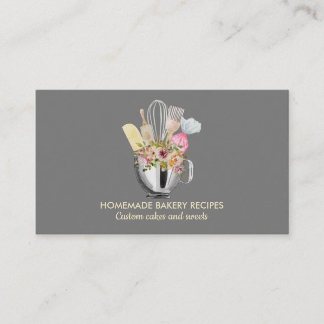 Grey Cook Chef Watercolor Baking Utensils Bakery Business Card (Front)