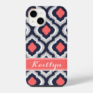 Grey Coral and Navy Ikat Moroccan Monogram iPhone 14 Case