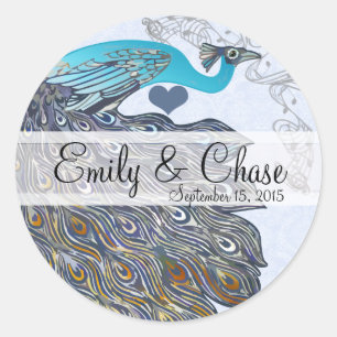 Grey Coral Aqua Peacock Feathers Wedding Classic Round Sticker