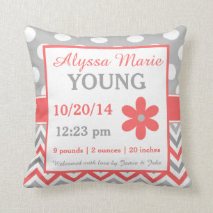 Grey Coral Chevron Dots Birth Announcement Pillow