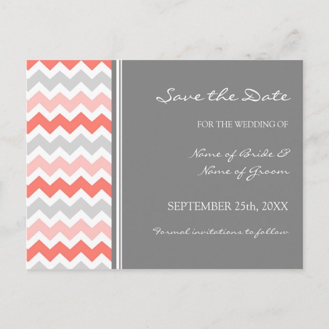 Grey Coral Chevron Save the Date Wedding Postcards (Front)
