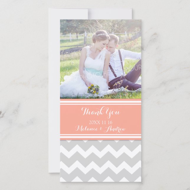 Grey Coral Chevron Thank You Wedding Photo Cards (Front)