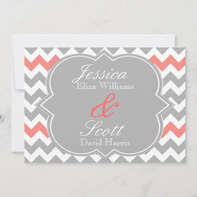 Grey Coral Chevron Wedding Invitation (Front)
