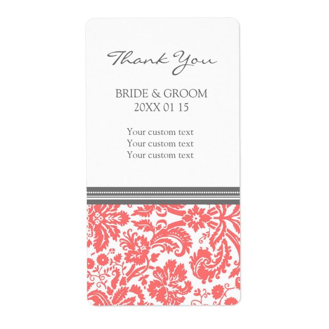 Grey Coral Damask Pattern Wedding Labels (Front)