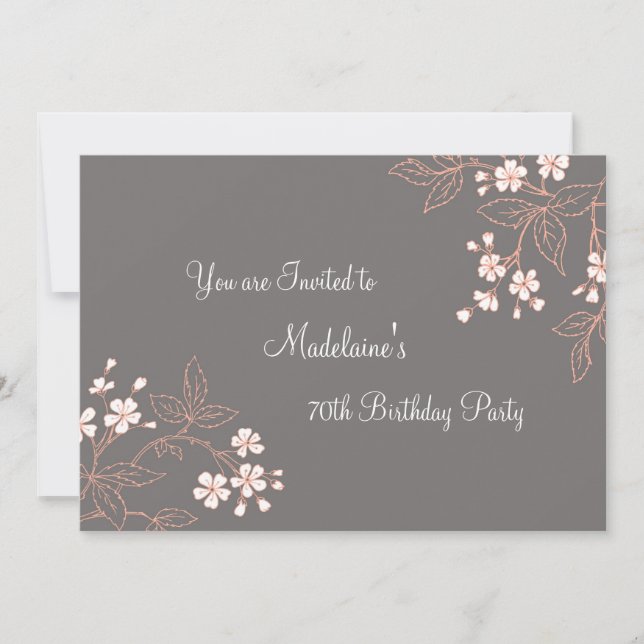 Grey Coral Floral 70th Birthday Party Invitations (Front)