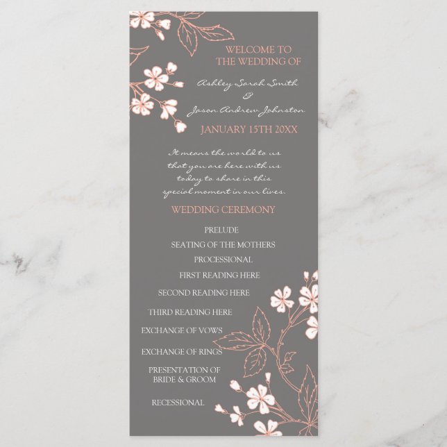 Grey Coral Floral Wedding Program Programme (Front)