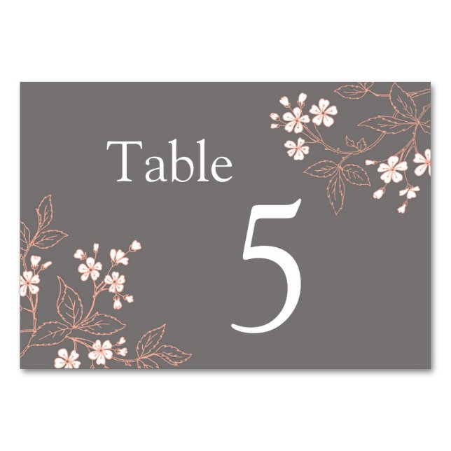 Grey Coral Floral Wedding Table Number Cards (Back)