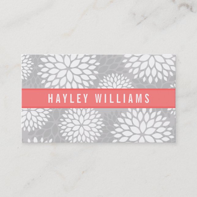 Grey & Coral Modern Floral Business Card (Front)