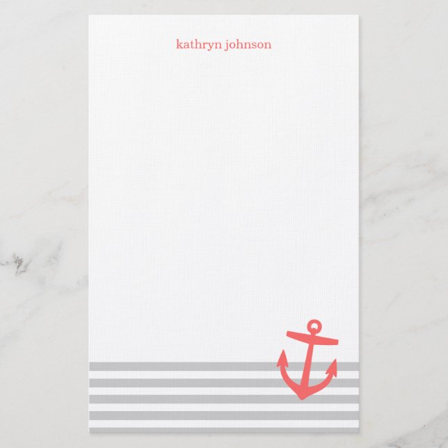 Grey & Coral Nautical Stripes & Cute Anchor Stationery (Front)