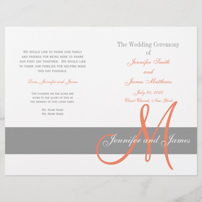 Grey Coral Wedding Program | Monogram (Front)