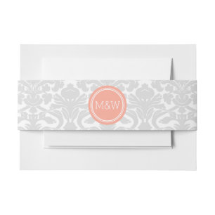 Grey Coral White Damask Pattern Monogram Invitation Belly Band