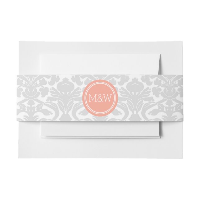 Grey Coral White Damask Pattern Monogram Invitation Belly Band (Front Example)