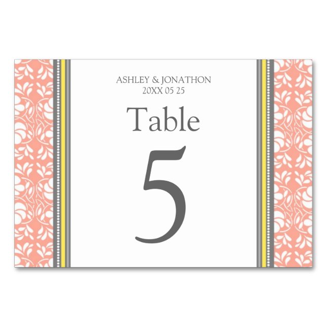 Grey Coral Yellow Wedding Table Number Cards (Back)