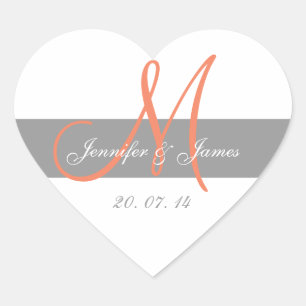Grey CoralMonogram Names Wedding Favour Sticker