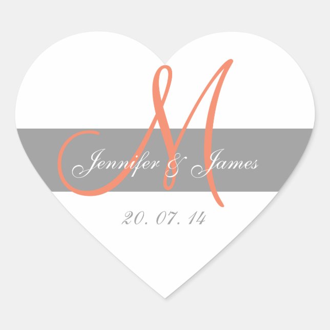 Grey CoralMonogram Names Wedding Favour Sticker (Front)
