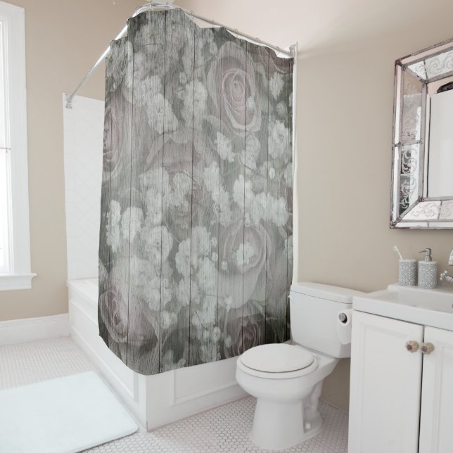 Grey Country Chic Roses Shower Curtain (In Situ)