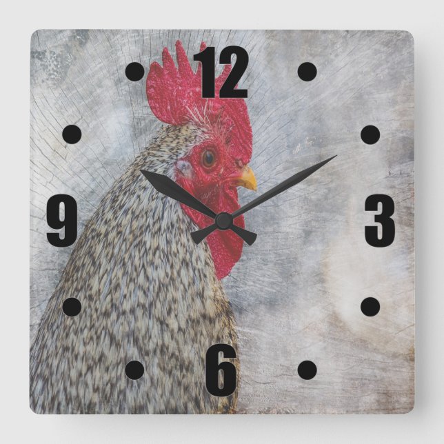 Grey Country Rooster Square Wall Clock (Front)