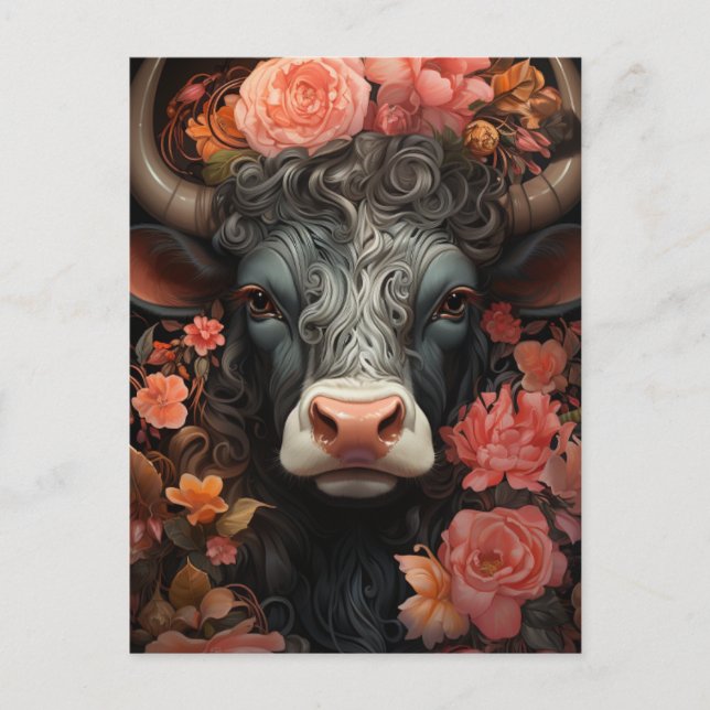 Grey Cow with Curly Hair in the Flowers Postcard (Front)
