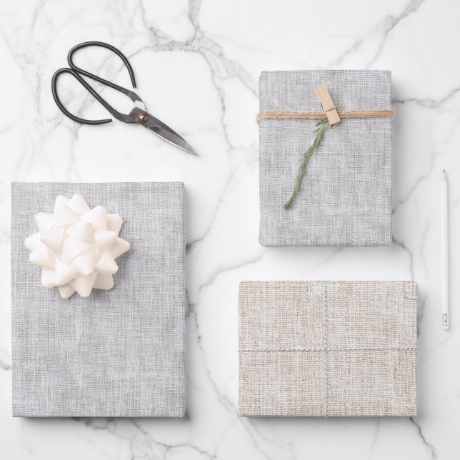Grey Cream Faux Linen Wedding Wrapping Paper Sheet (Front)