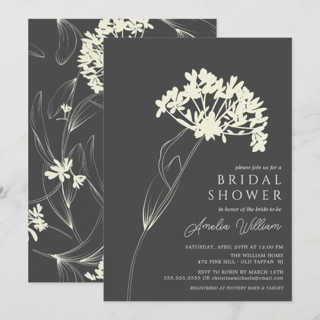 Grey & Cream Modern Floral Bridal Shower Invitation (Front/Back)