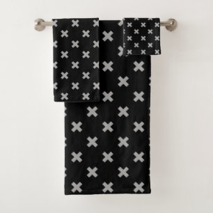 Grey cross stitches on black bath towel set