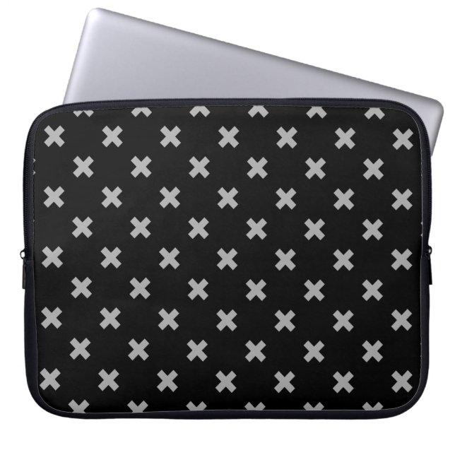 Grey cross stitches on black laptop sleeve (Front)
