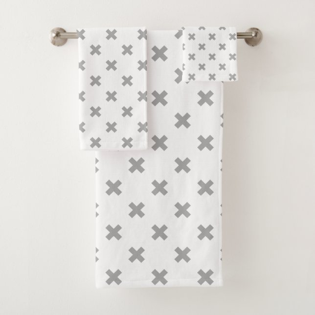 Grey cross stitches on white bath towel set (Insitu)