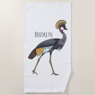 Grey crowned crane bird cartoon illustration  beach towel