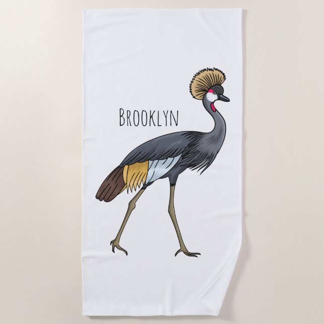 Grey crowned crane bird cartoon illustration  beach towel (Front)