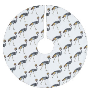 Grey crowned crane bird cartoon illustration brushed polyester tree skirt