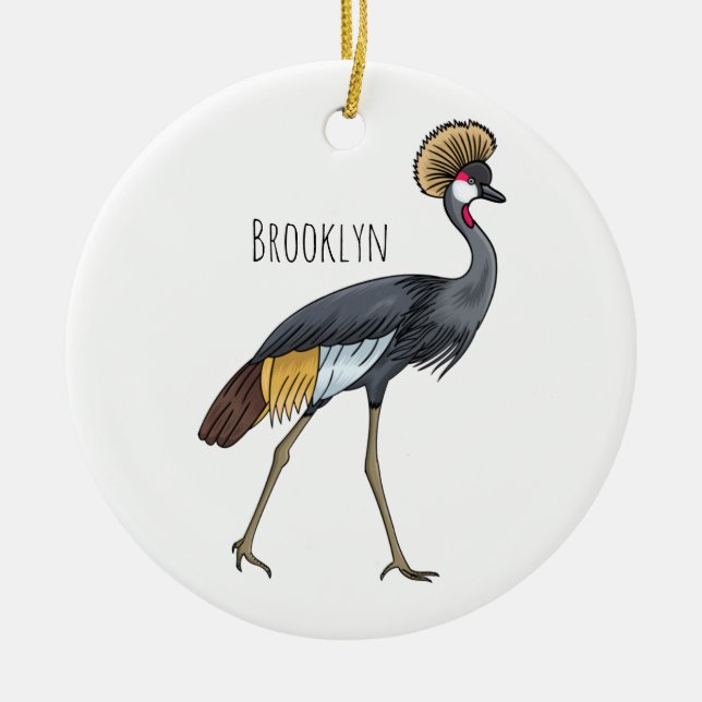 Grey crowned crane bird cartoon illustration  ceramic tree decoration (Front)