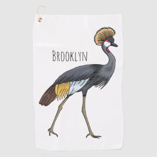 Grey crowned crane bird cartoon illustration golf towel