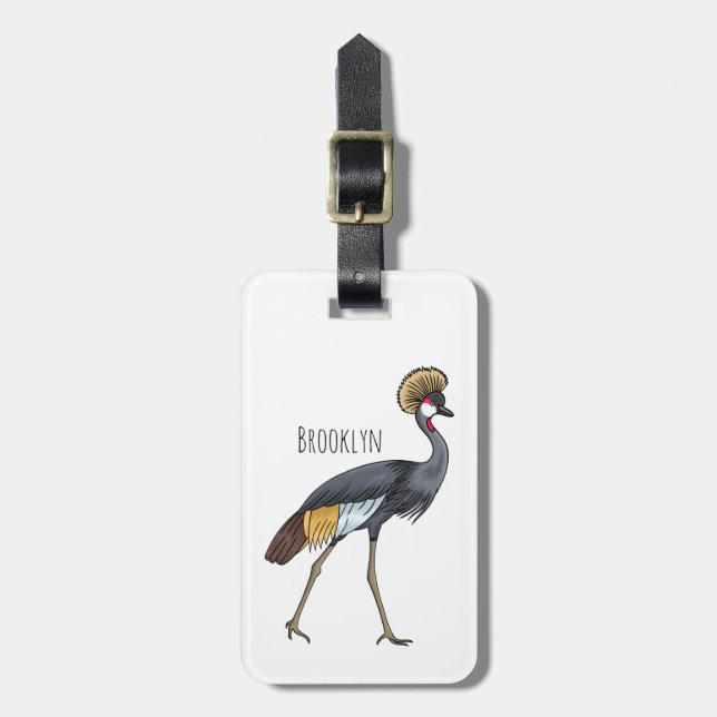 Grey crowned crane bird cartoon illustration  luggage tag (Front Vertical)
