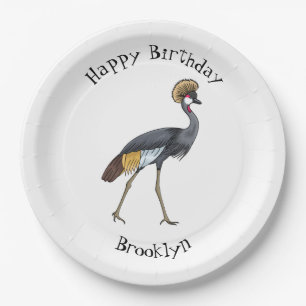 Grey crowned crane bird cartoon illustration  paper plate