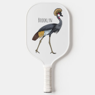 Grey crowned crane bird cartoon illustration pickleball paddle