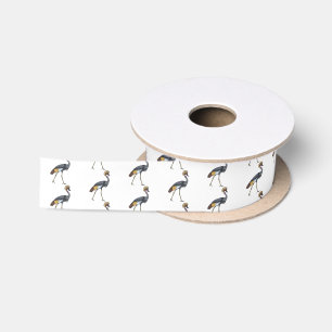 Grey crowned crane bird cartoon illustration satin ribbon