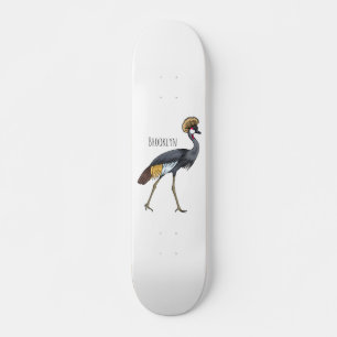 Grey crowned crane bird cartoon illustration  skateboard