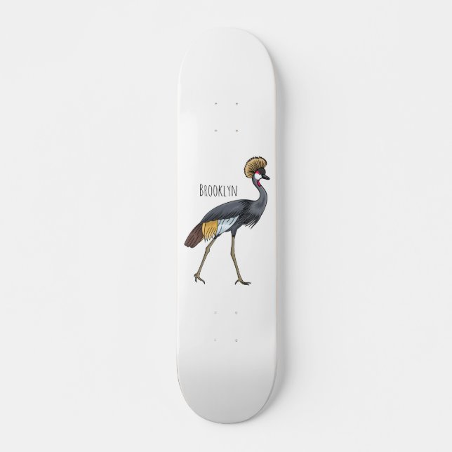 Grey crowned crane bird cartoon illustration  skateboard (Front)