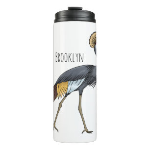 Grey crowned crane bird cartoon illustration thermal tumbler