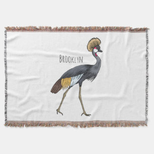 Grey crowned crane bird cartoon illustration  throw blanket