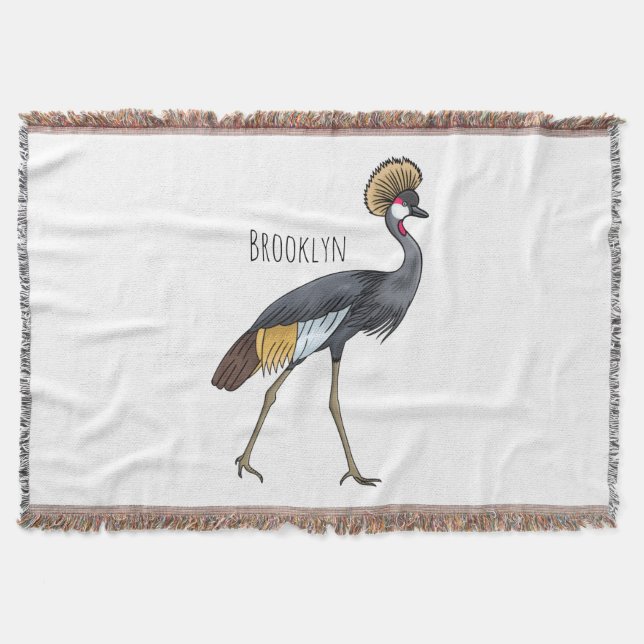 Grey crowned crane bird cartoon illustration  throw blanket (Front)