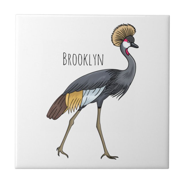Grey crowned crane bird cartoon illustration  tile (Front)