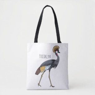 Grey crowned crane bird cartoon illustration tote bag