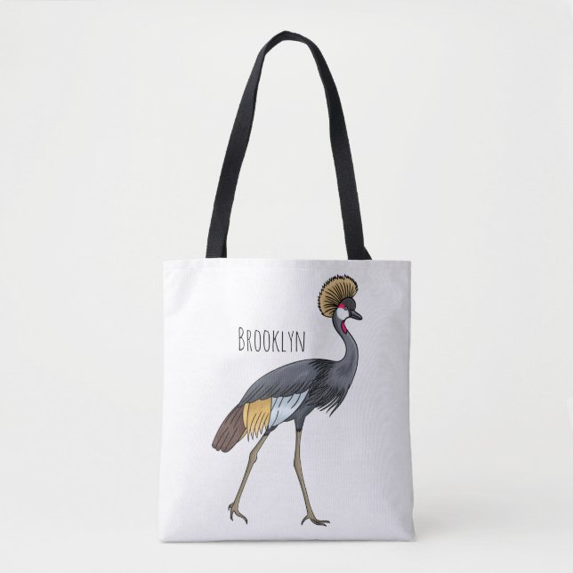 Grey crowned crane bird cartoon illustration  tote bag (Front)