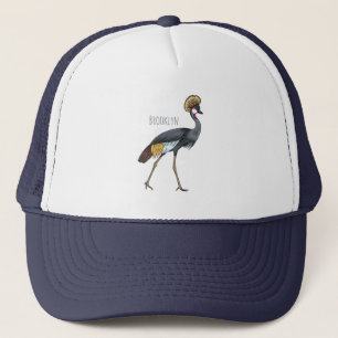Grey crowned crane bird cartoon illustration  trucker hat