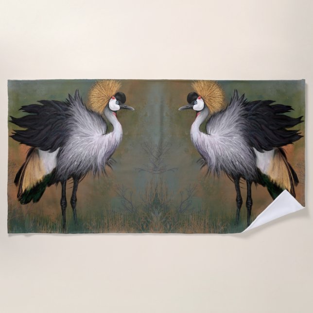 Grey Crowned Cranes Bird Beach Towel (Front)