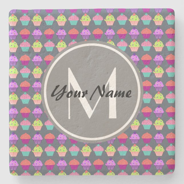 Grey Cupcakes, Personalised Name Monogram Stone Coaster (Front)