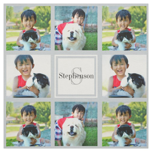 Grey Custom Personalised Photo Collage Monogram Fabric (Swatch)